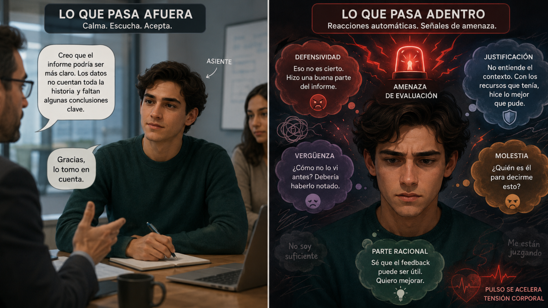 Persona recibiendo feedback en una reunión